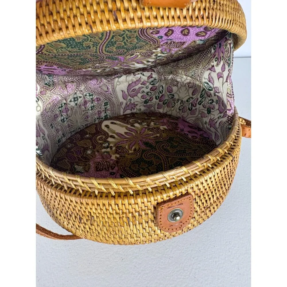 Bali Ata Grass Round Crossbody Bag Rattan Leather Batik Lined Boho Wicker Purse